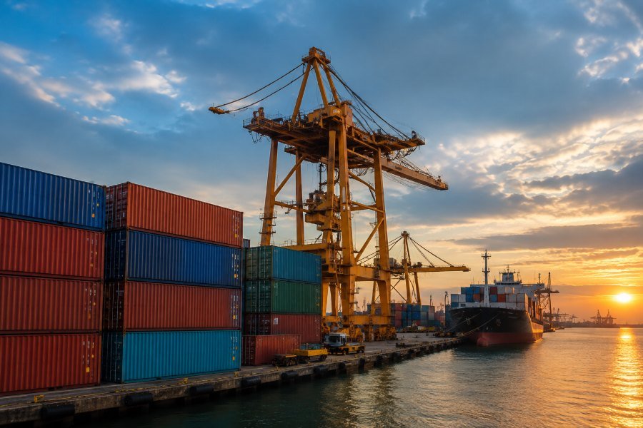 Container port at sunset